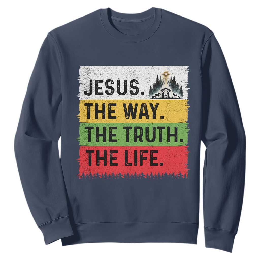 Jesus Christian Sweatshirt The Way The Truth The Life Nativity Scene TS14 Navy Print Your Wear
