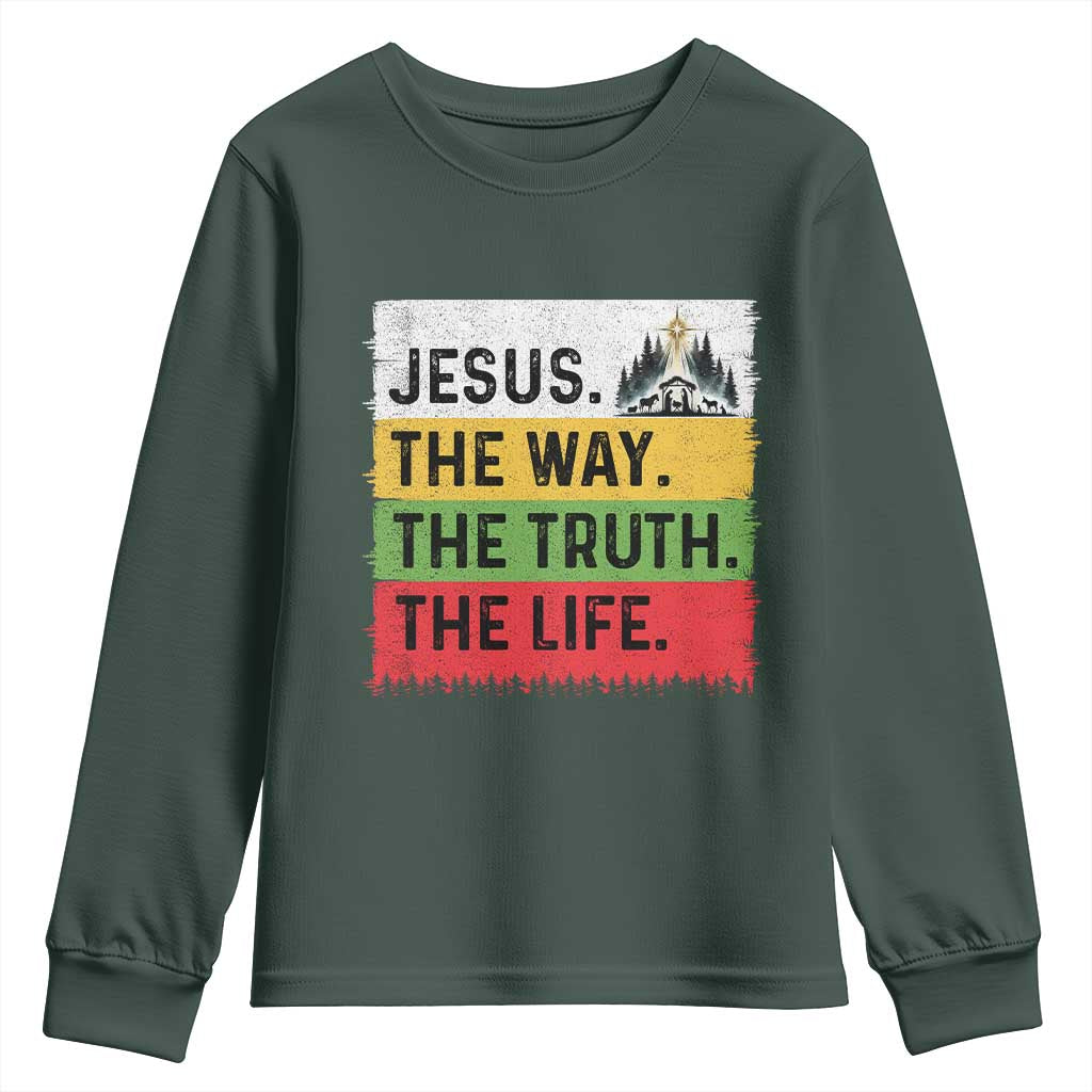 Jesus Christian Youth Sweatshirt The Way The Truth The Life Nativity Scene TS14 Dark Forest Green Print Your Wear