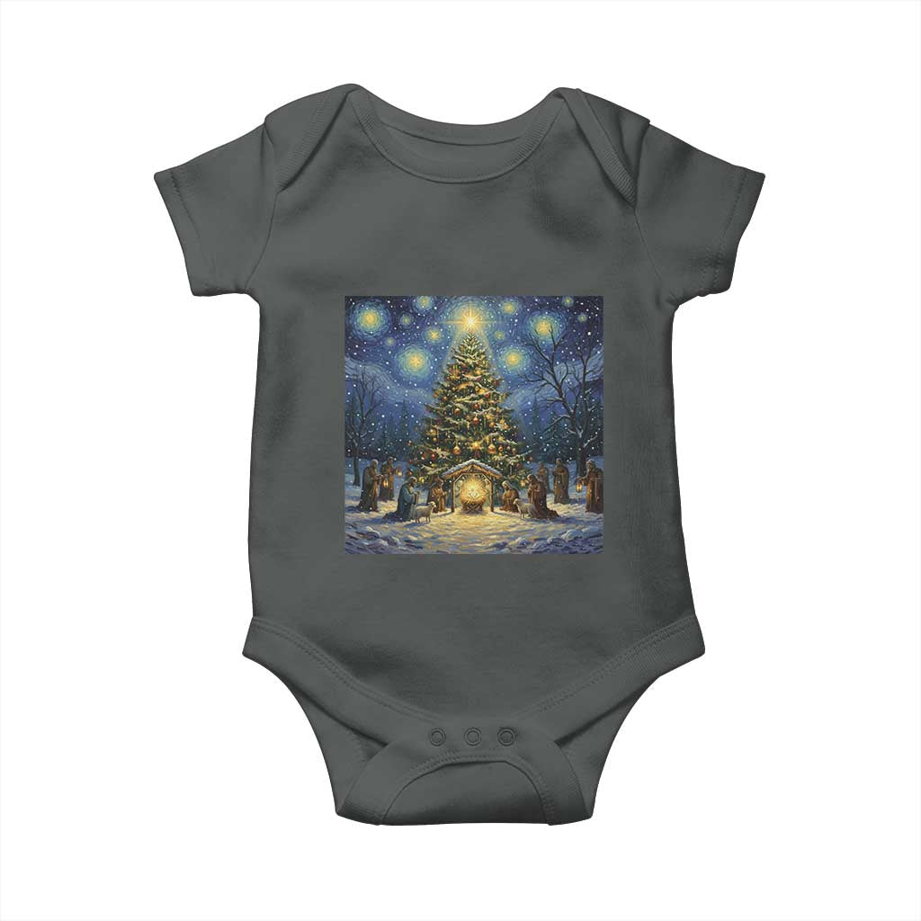 Nativity Scene Baby Onesie Christmas Starry Night Christian Jesus Baby Jesus Holiday TS14 Dark Heather Print Your Wear