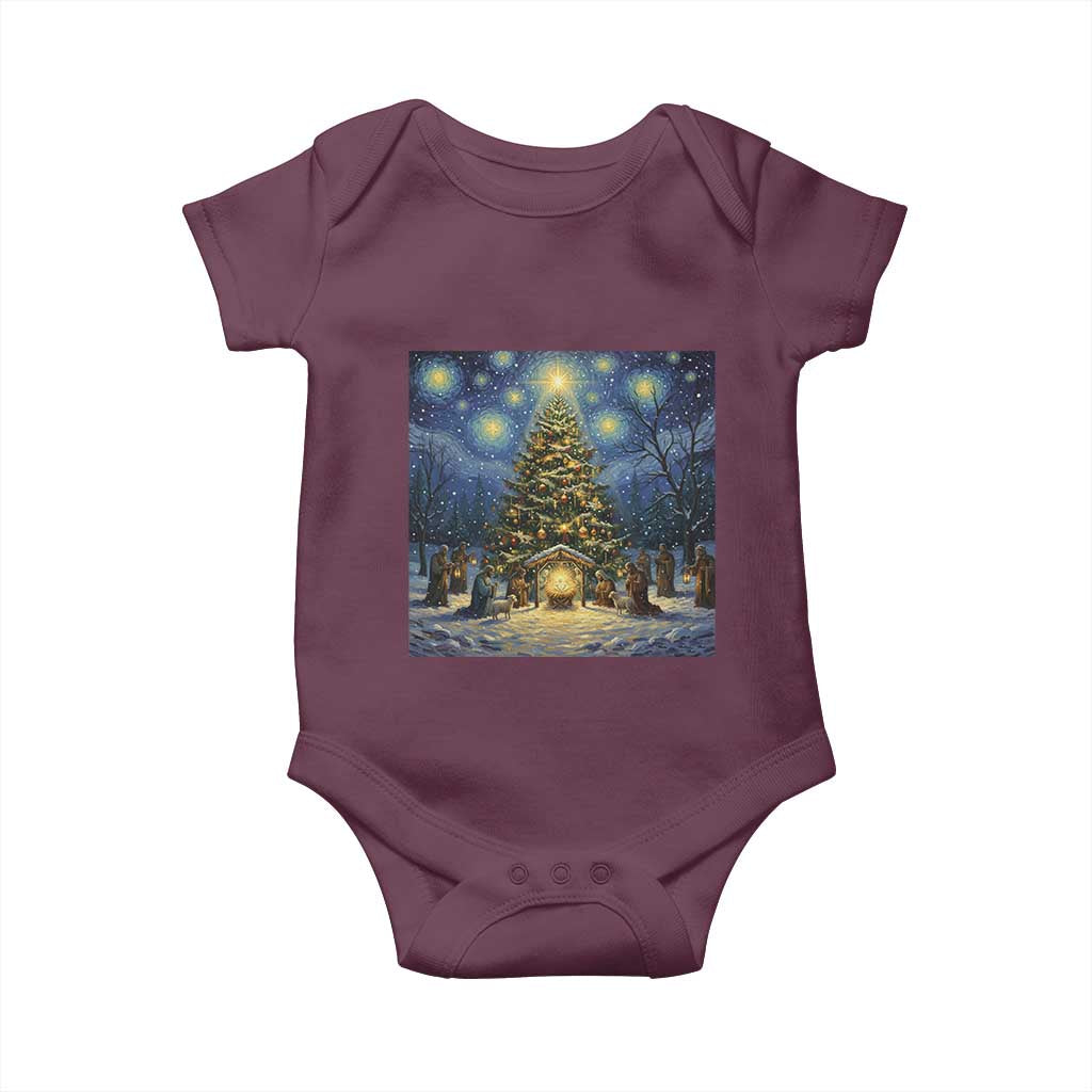 Nativity Scene Baby Onesie Christmas Starry Night Christian Jesus Baby Jesus Holiday TS14 Maroon Print Your Wear