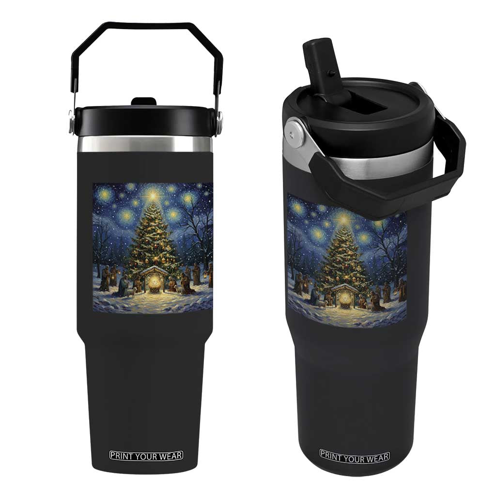 Nativity Scene Flip Straw Tumbler Christmas Starry Night Christian Jesus Baby Jesus Holiday TS14 One Size: 30 oz Black Print Your Wear