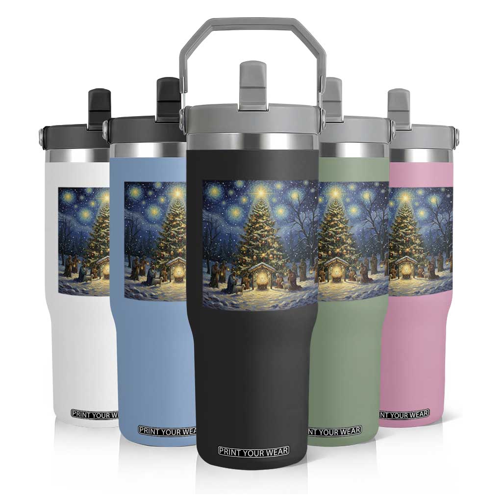 Nativity Scene Flip Straw Tumbler Christmas Starry Night Christian Jesus Baby Jesus Holiday TS14 Print Your Wear