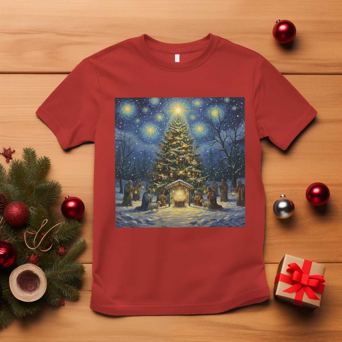 Nativity Scene T Shirt Christmas Starry Night Christian Jesus Baby Jesus Holiday TS14 Red Print Your Wear