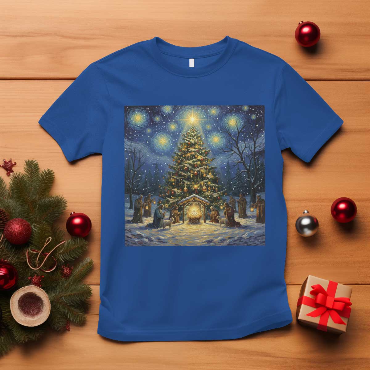 Nativity Scene T Shirt Christmas Starry Night Christian Jesus Baby Jesus Holiday TS14 Royal Blue Print Your Wear