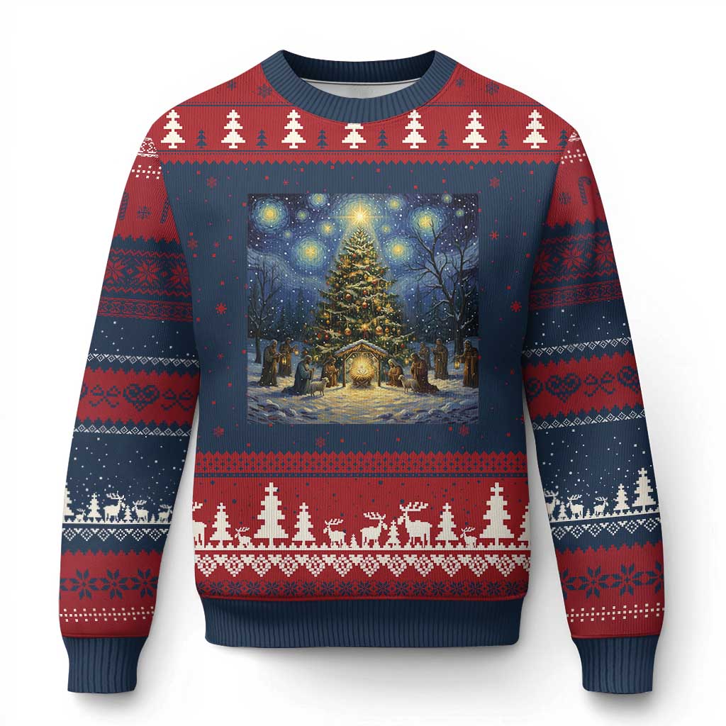 Nativity Scene Ugly Christmas Sweater Xmas Starry Night Christian Jesus Baby Jesus Holiday TS14 Navy Red Print Your Wear