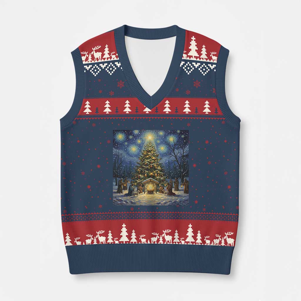 Nativity Scene V-Neck Knit Sweater Vest Xmas Starry Night Christian Jesus Baby Jesus Holiday TS14 Navy Red Print Your Wear