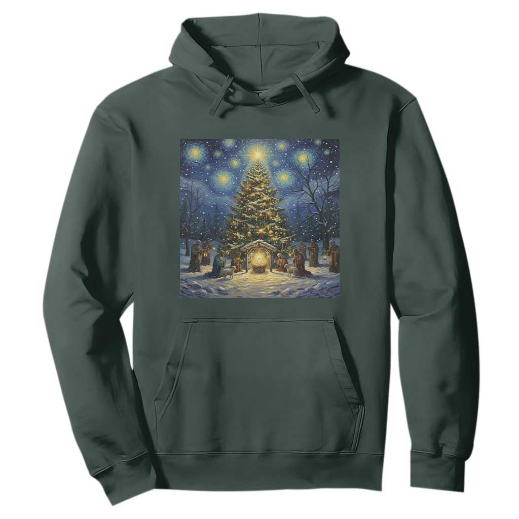 Nativity Scene Hoodie Christmas Starry Night Christian Jesus Baby Jesus Holiday TS14 Dark Forest Green Print Your Wear