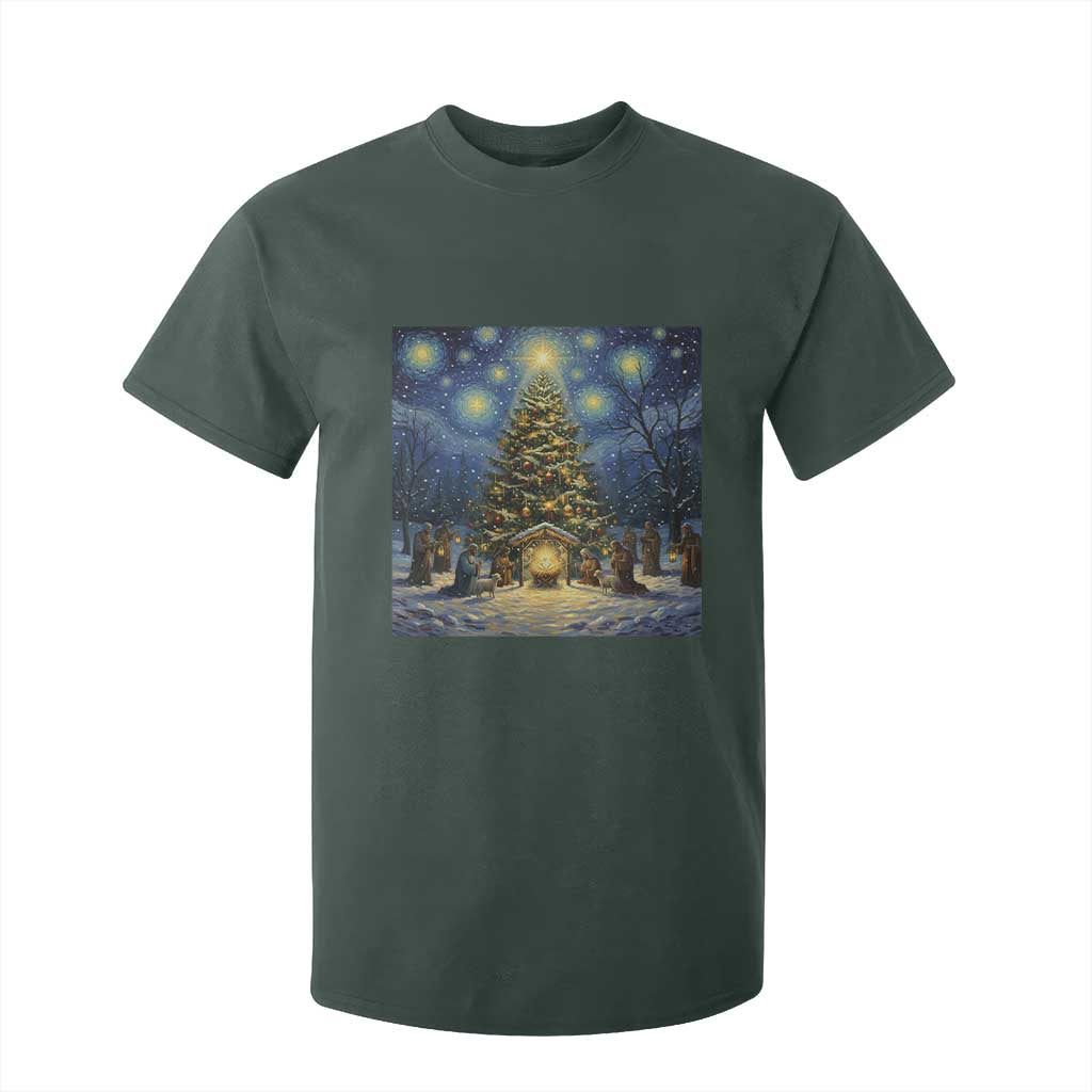 Nativity Scene T Shirt For Kid Christmas Starry Night Christian Jesus Baby Jesus Holiday TS14 Dark Forest Green Print Your Wear