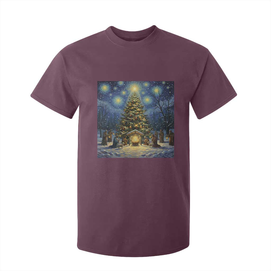 Nativity Scene T Shirt For Kid Christmas Starry Night Christian Jesus Baby Jesus Holiday TS14 Maroon Print Your Wear