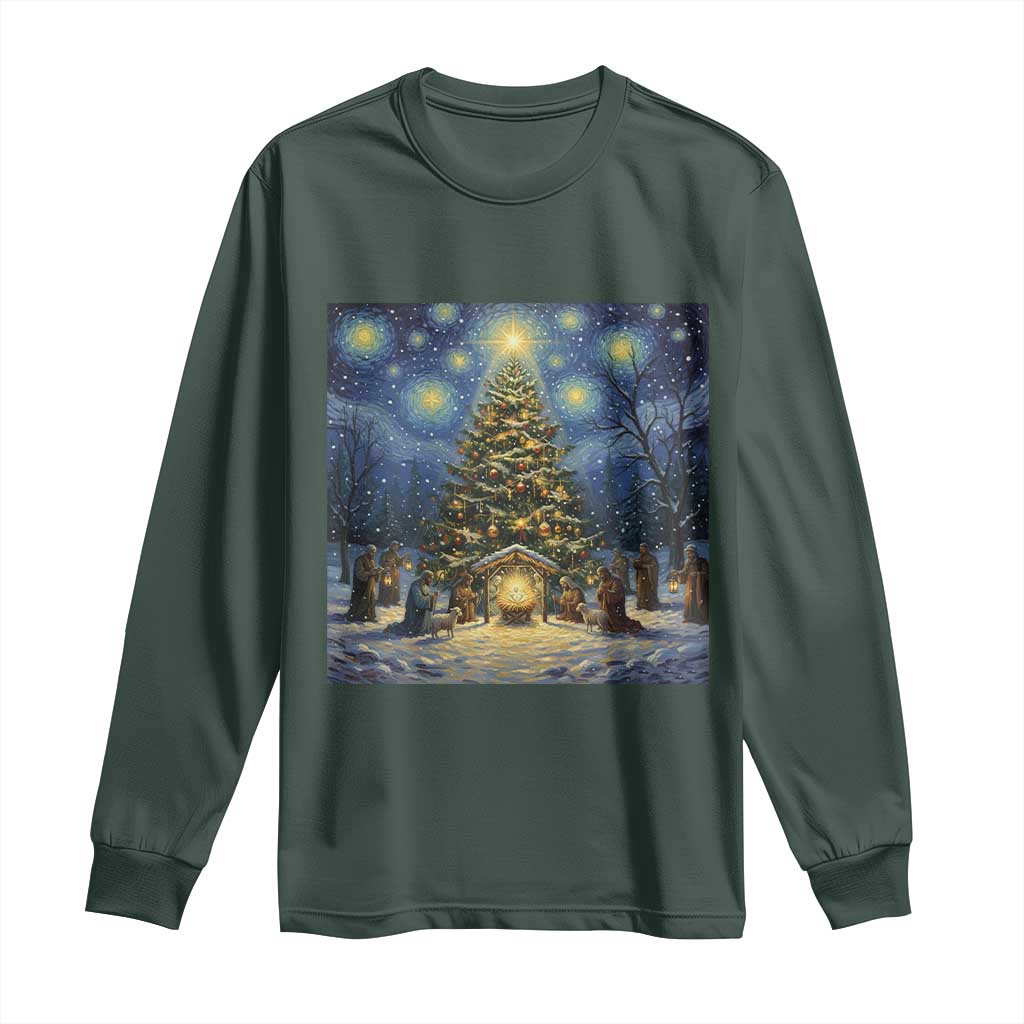 Nativity Scene Long Sleeve Shirt Christmas Starry Night Christian Jesus Baby Jesus Holiday TS14 Dark Forest Green Print Your Wear