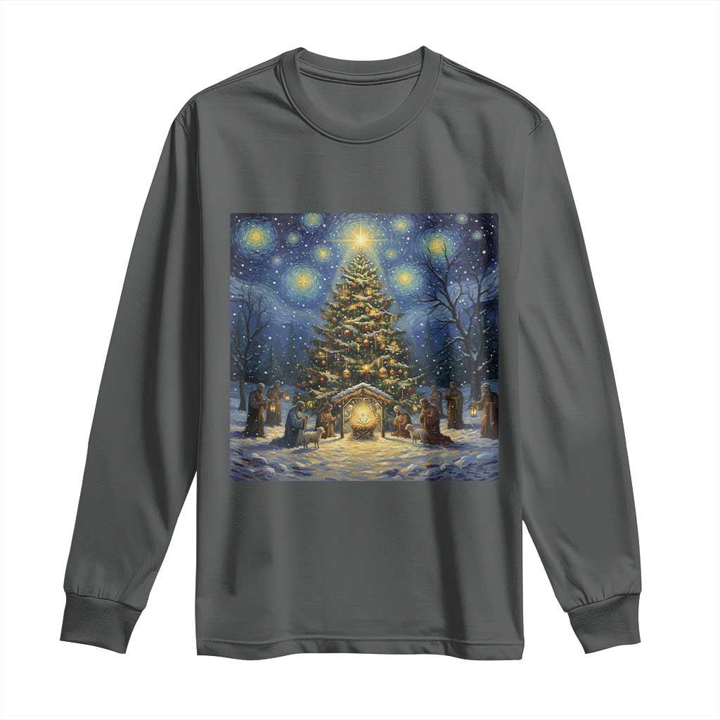 Nativity Scene Long Sleeve Shirt Christmas Starry Night Christian Jesus Baby Jesus Holiday TS14 Dark Heather Print Your Wear