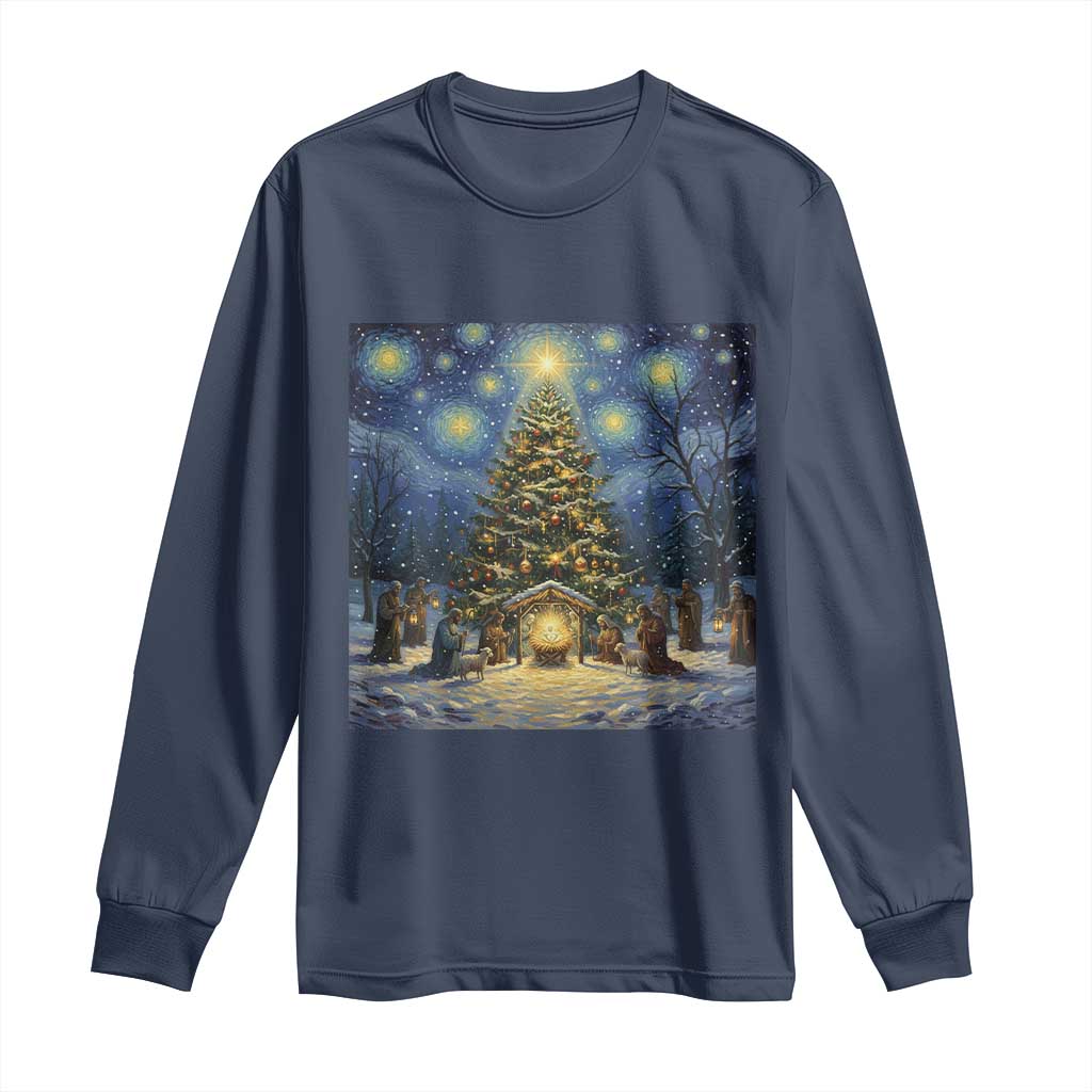 Nativity Scene Long Sleeve Shirt Christmas Starry Night Christian Jesus Baby Jesus Holiday TS14 Navy Print Your Wear