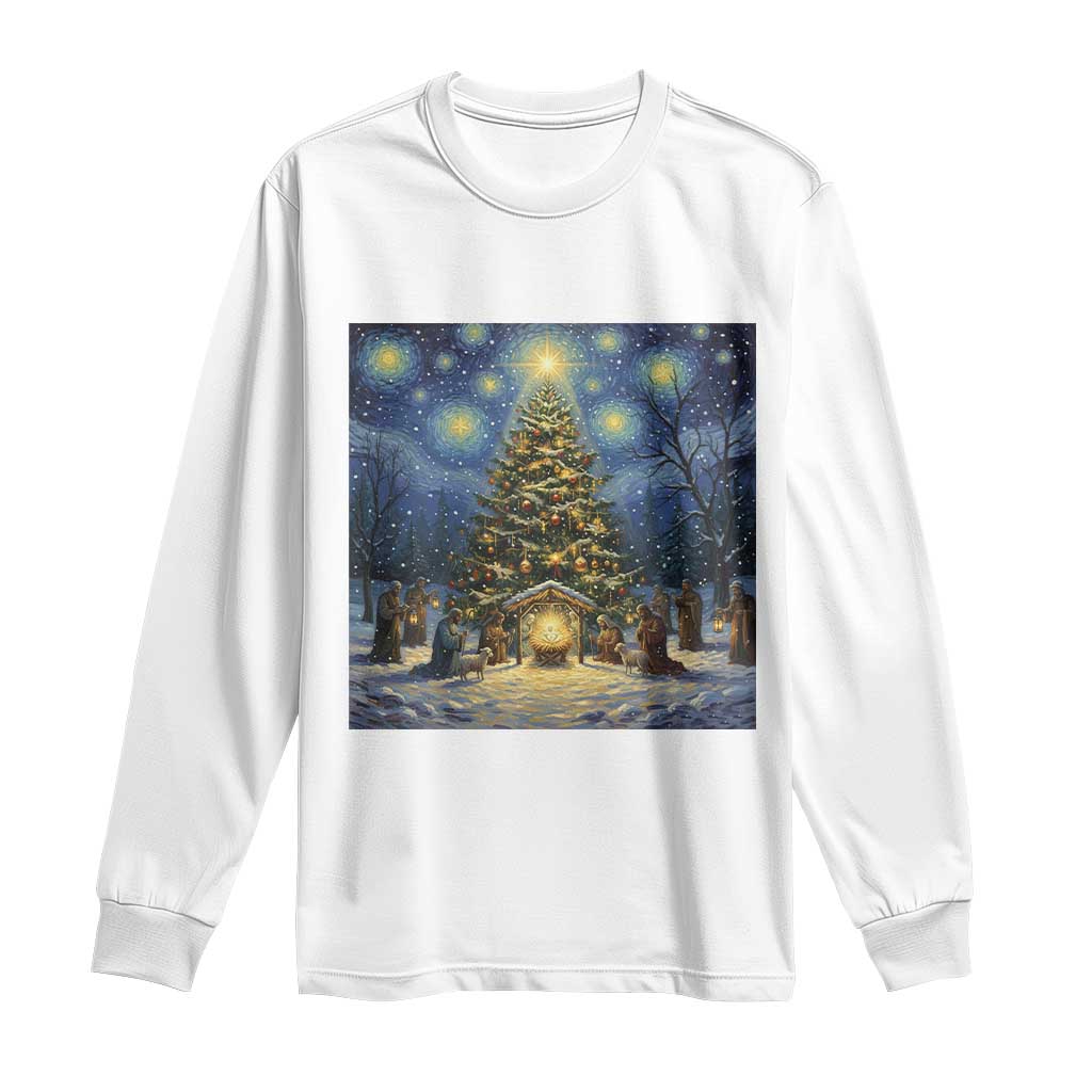 Nativity Scene Long Sleeve Shirt Christmas Starry Night Christian Jesus Baby Jesus Holiday TS14 White Print Your Wear