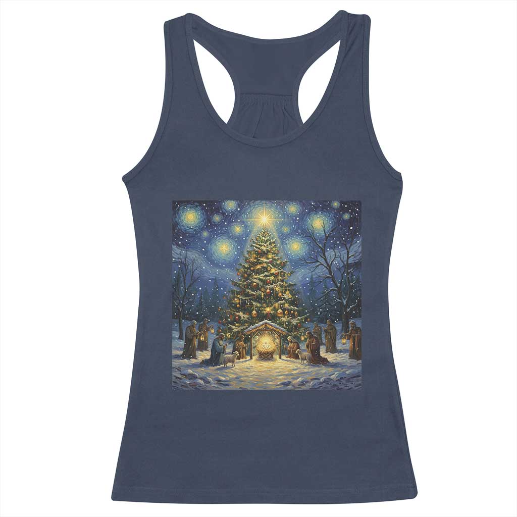 Nativity Scene Racerback Tank Top Christmas Starry Night Christian Jesus Baby Jesus Holiday TS14 Navy Print Your Wear