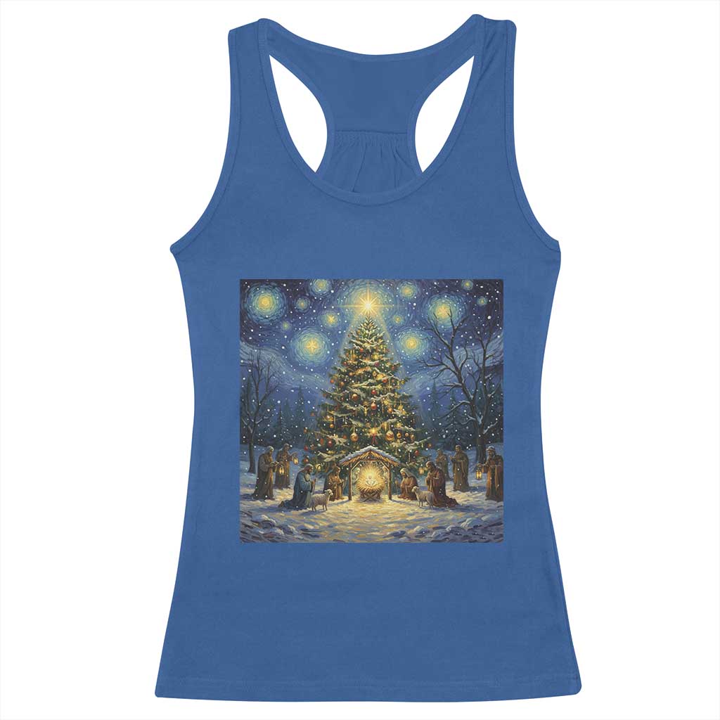 Nativity Scene Racerback Tank Top Christmas Starry Night Christian Jesus Baby Jesus Holiday TS14 Royal Blue Print Your Wear