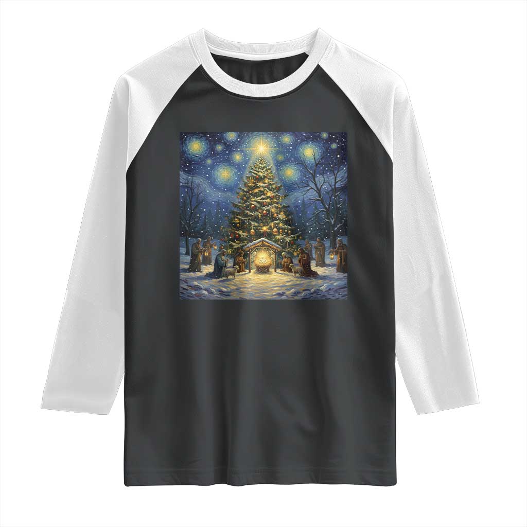 Nativity Scene Raglan Shirt Christmas Starry Night Christian Jesus Baby Jesus Holiday TS14 Black White Print Your Wear
