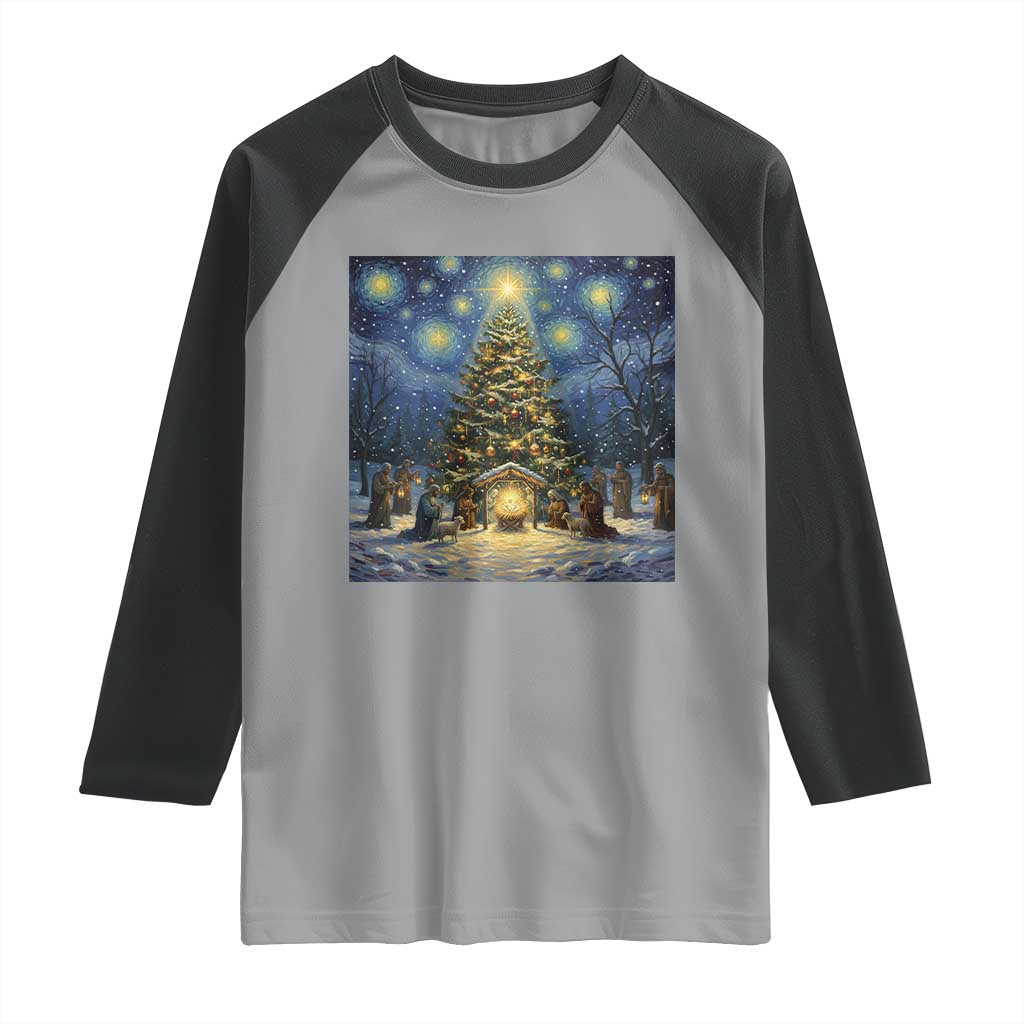 Nativity Scene Raglan Shirt Christmas Starry Night Christian Jesus Baby Jesus Holiday TS14 Sport Gray Black Print Your Wear