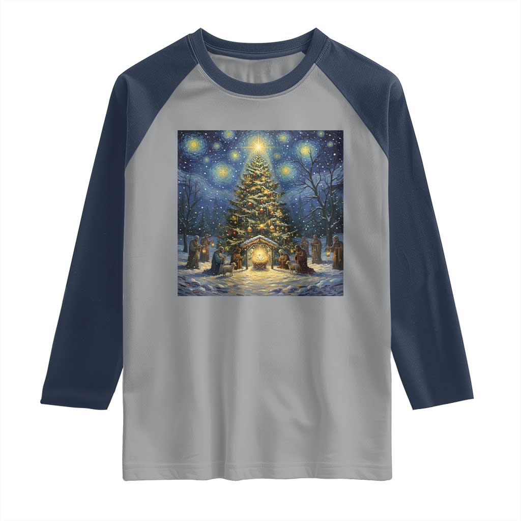 Nativity Scene Raglan Shirt Christmas Starry Night Christian Jesus Baby Jesus Holiday TS14 Sport Gray Navy Print Your Wear