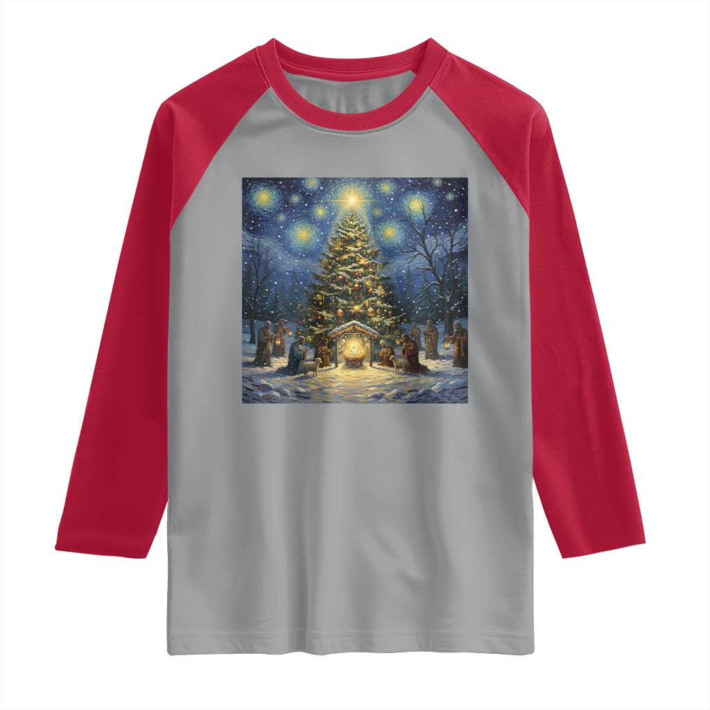 Nativity Scene Raglan Shirt Christmas Starry Night Christian Jesus Baby Jesus Holiday TS14 Sport Gray Red Print Your Wear