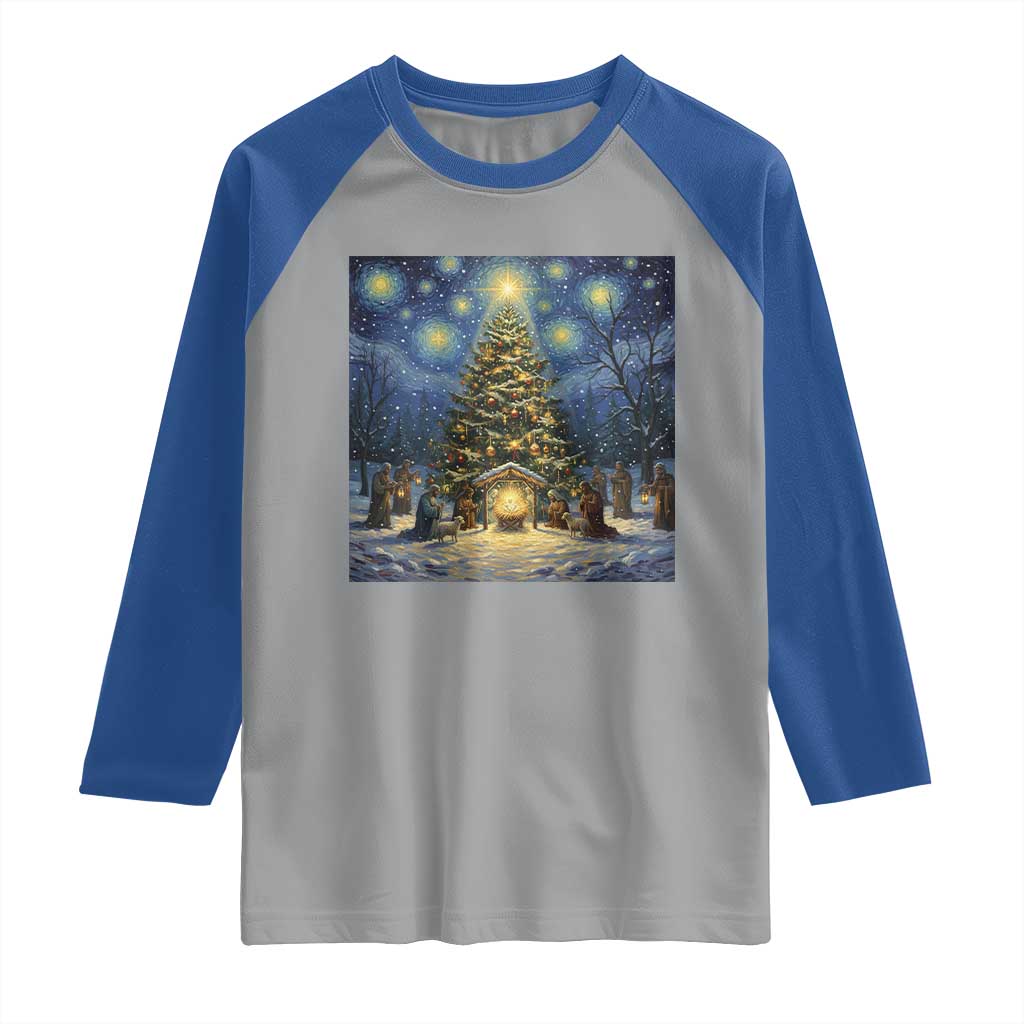 Nativity Scene Raglan Shirt Christmas Starry Night Christian Jesus Baby Jesus Holiday TS14 Sport Gray Royal Print Your Wear