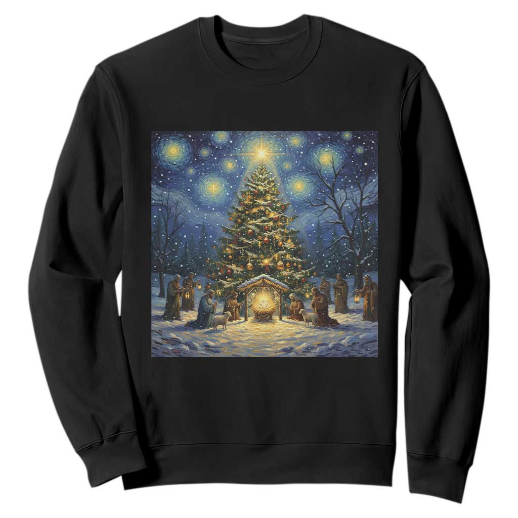 Nativity Scene Sweatshirt Christmas Starry Night Christian Jesus Baby Jesus Holiday TS14 Black Print Your Wear