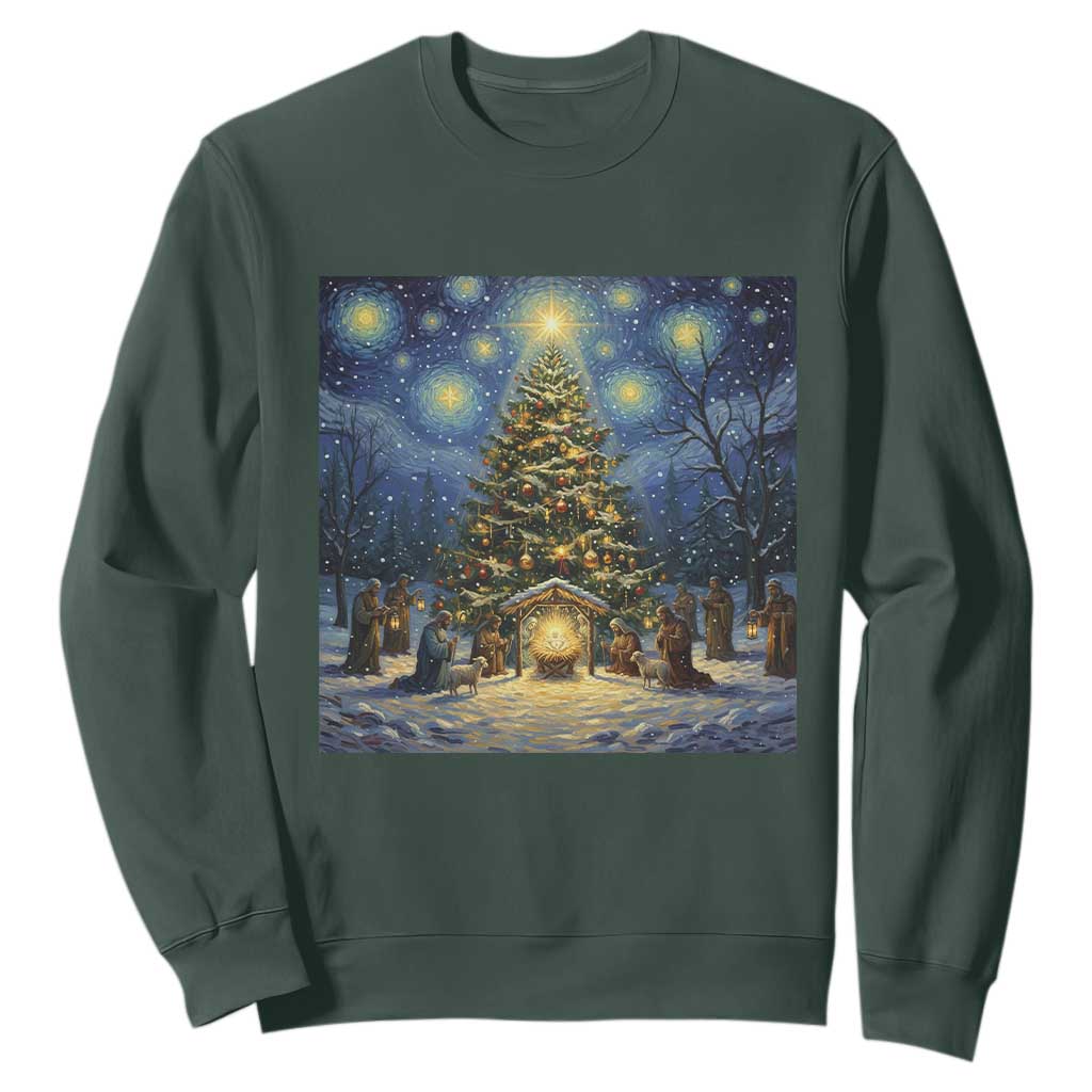 Nativity Scene Sweatshirt Christmas Starry Night Christian Jesus Baby Jesus Holiday TS14 Dark Forest Green Print Your Wear