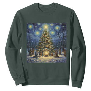 Nativity Scene Sweatshirt Christmas Starry Night Christian Jesus Baby Jesus Holiday TS14 Dark Forest Green Print Your Wear