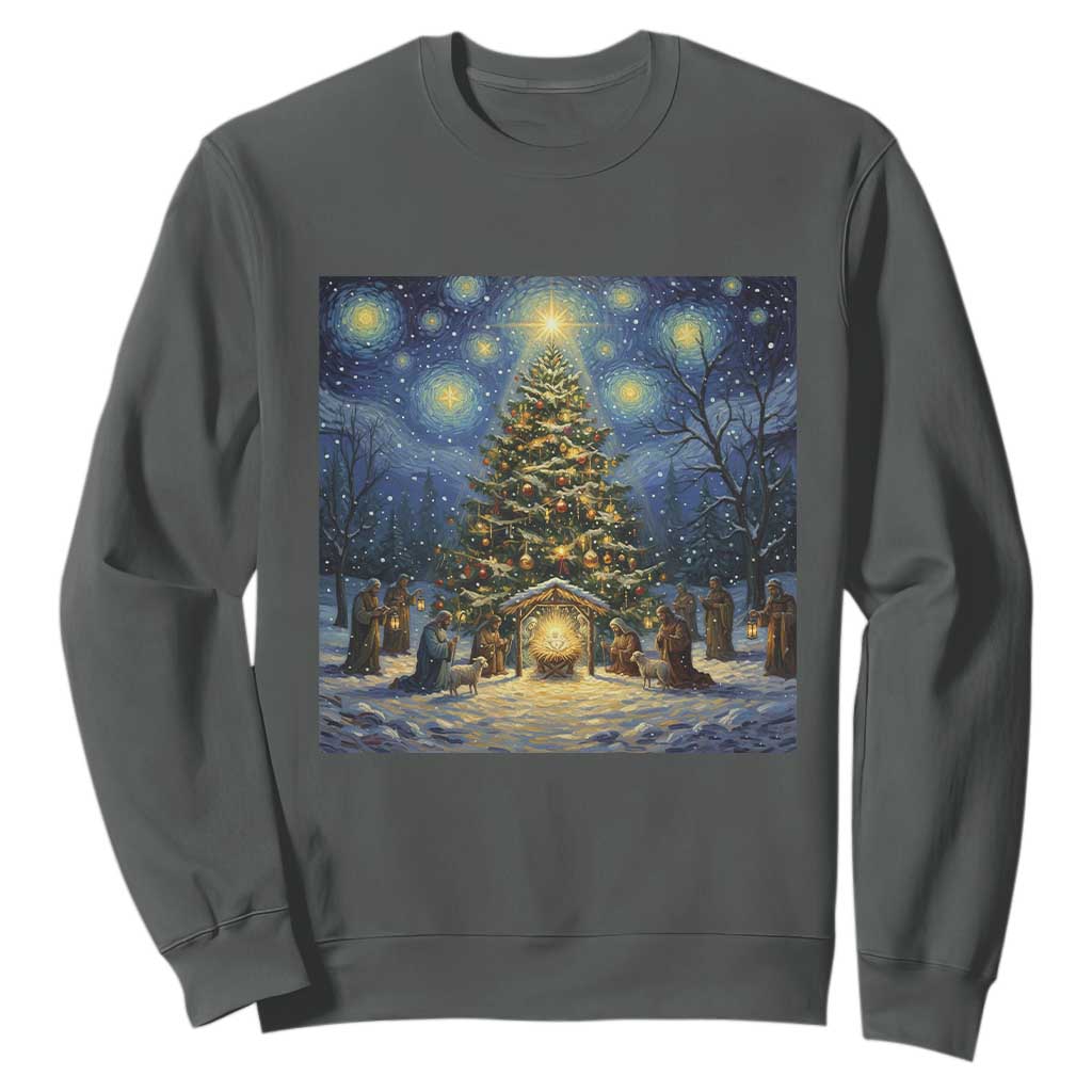 Nativity Scene Sweatshirt Christmas Starry Night Christian Jesus Baby Jesus Holiday TS14 Dark Heather Print Your Wear