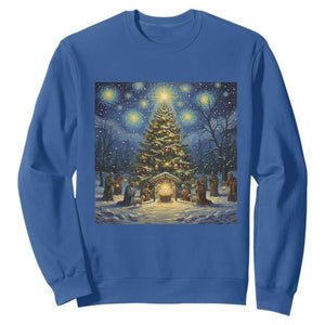 Nativity Scene Sweatshirt Christmas Starry Night Christian Jesus Baby Jesus Holiday TS14 Royal Blue Print Your Wear