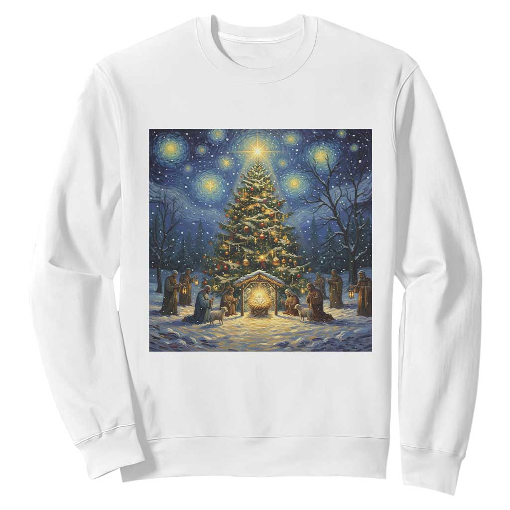Nativity Scene Sweatshirt Christmas Starry Night Christian Jesus Baby Jesus Holiday TS14 White Print Your Wear