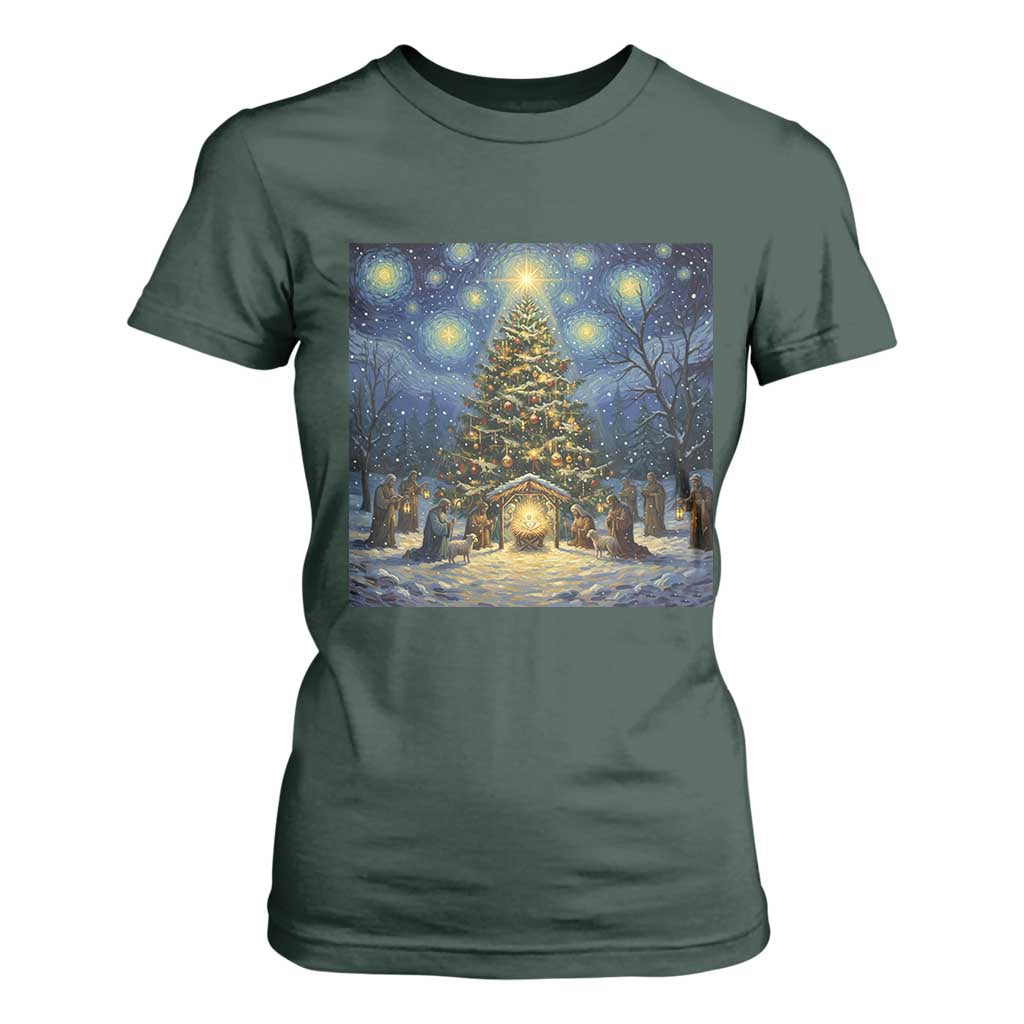 Nativity Scene T Shirt For Women Christmas Starry Night Christian Jesus Baby Jesus Holiday TS14 Dark Forest Green Print Your Wear