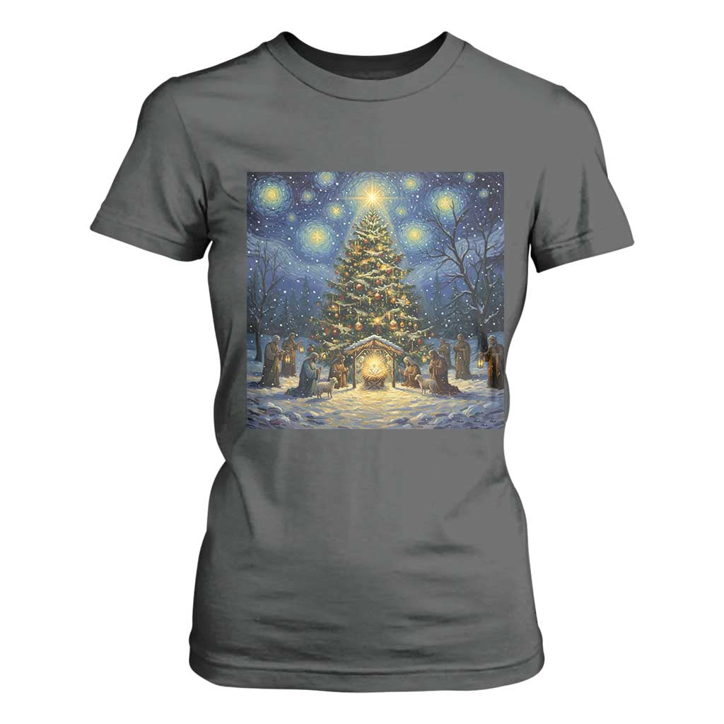 Nativity Scene T Shirt For Women Christmas Starry Night Christian Jesus Baby Jesus Holiday TS14 Dark Heather Print Your Wear