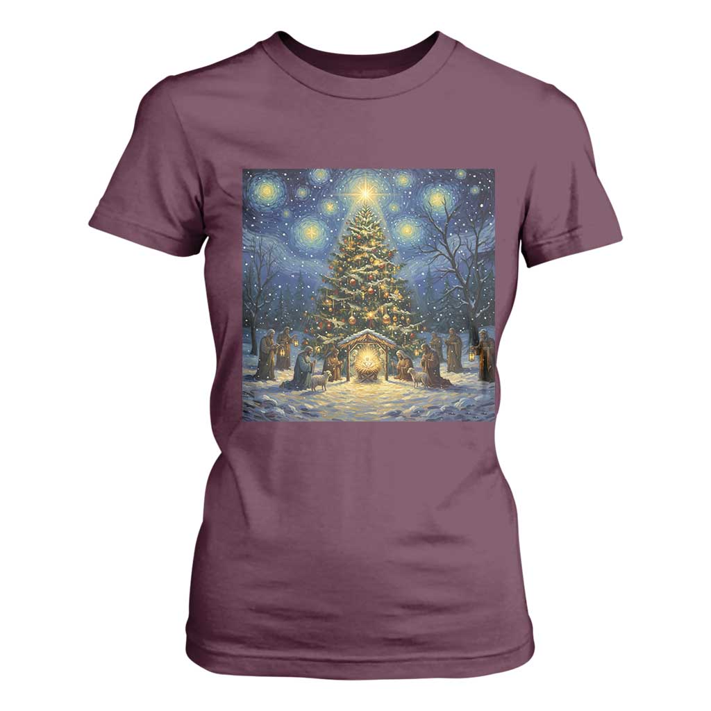 Nativity Scene T Shirt For Women Christmas Starry Night Christian Jesus Baby Jesus Holiday TS14 Maroon Print Your Wear