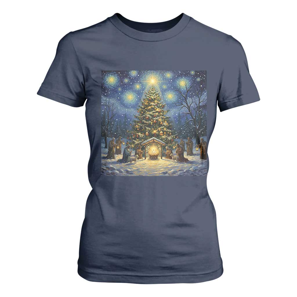 Nativity Scene T Shirt For Women Christmas Starry Night Christian Jesus Baby Jesus Holiday TS14 Navy Print Your Wear