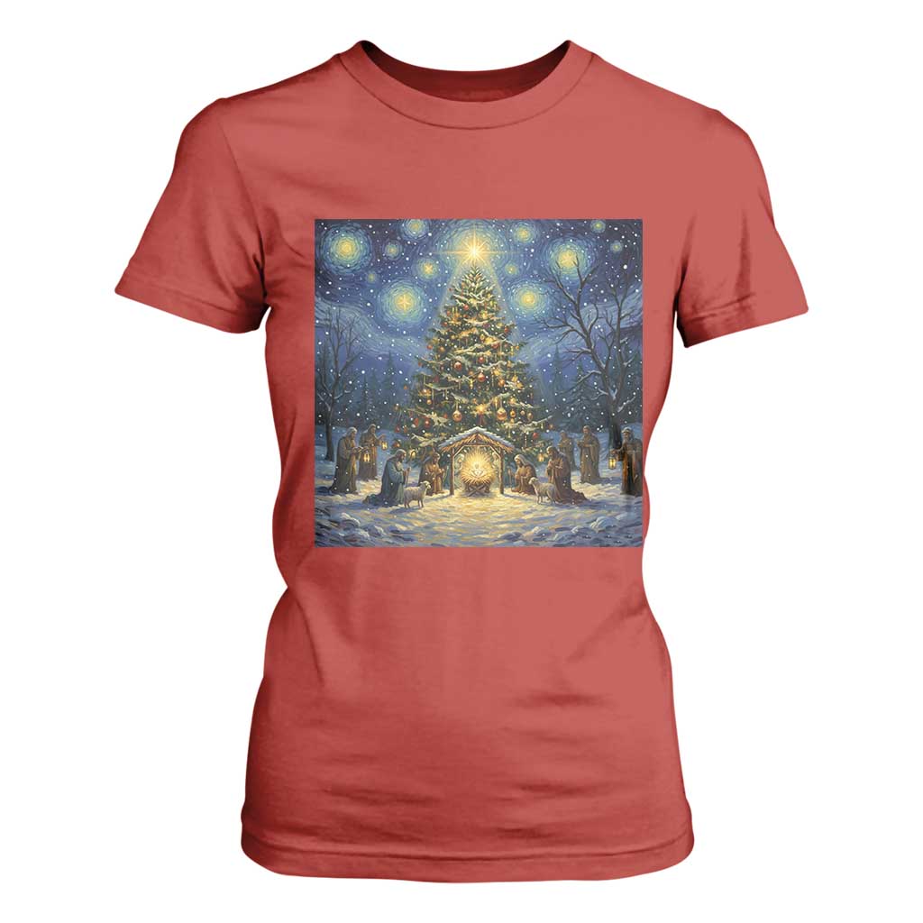 Nativity Scene T Shirt For Women Christmas Starry Night Christian Jesus Baby Jesus Holiday TS14 Red Print Your Wear