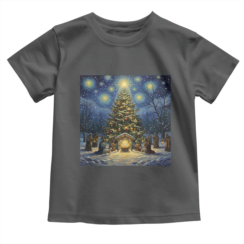 Nativity Scene Toddler T Shirt Christmas Starry Night Christian Jesus Baby Jesus Holiday TS14 Dark Heather Print Your Wear