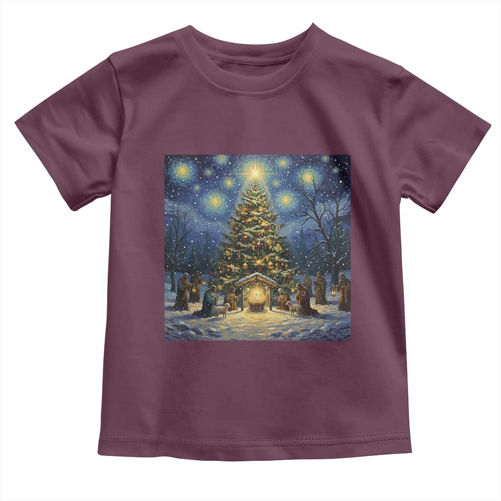 Nativity Scene Toddler T Shirt Christmas Starry Night Christian Jesus Baby Jesus Holiday TS14 Maroon Print Your Wear