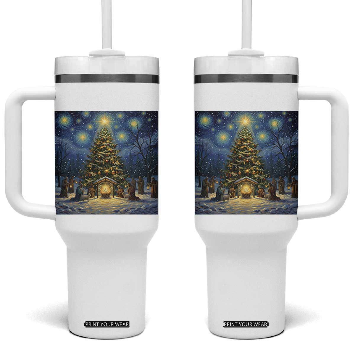 Nativity Scene Tumbler With Handle Christmas Starry Night Christian Jesus Baby Jesus Holiday TS14 One Size: 40 oz Black Print Your Wear
