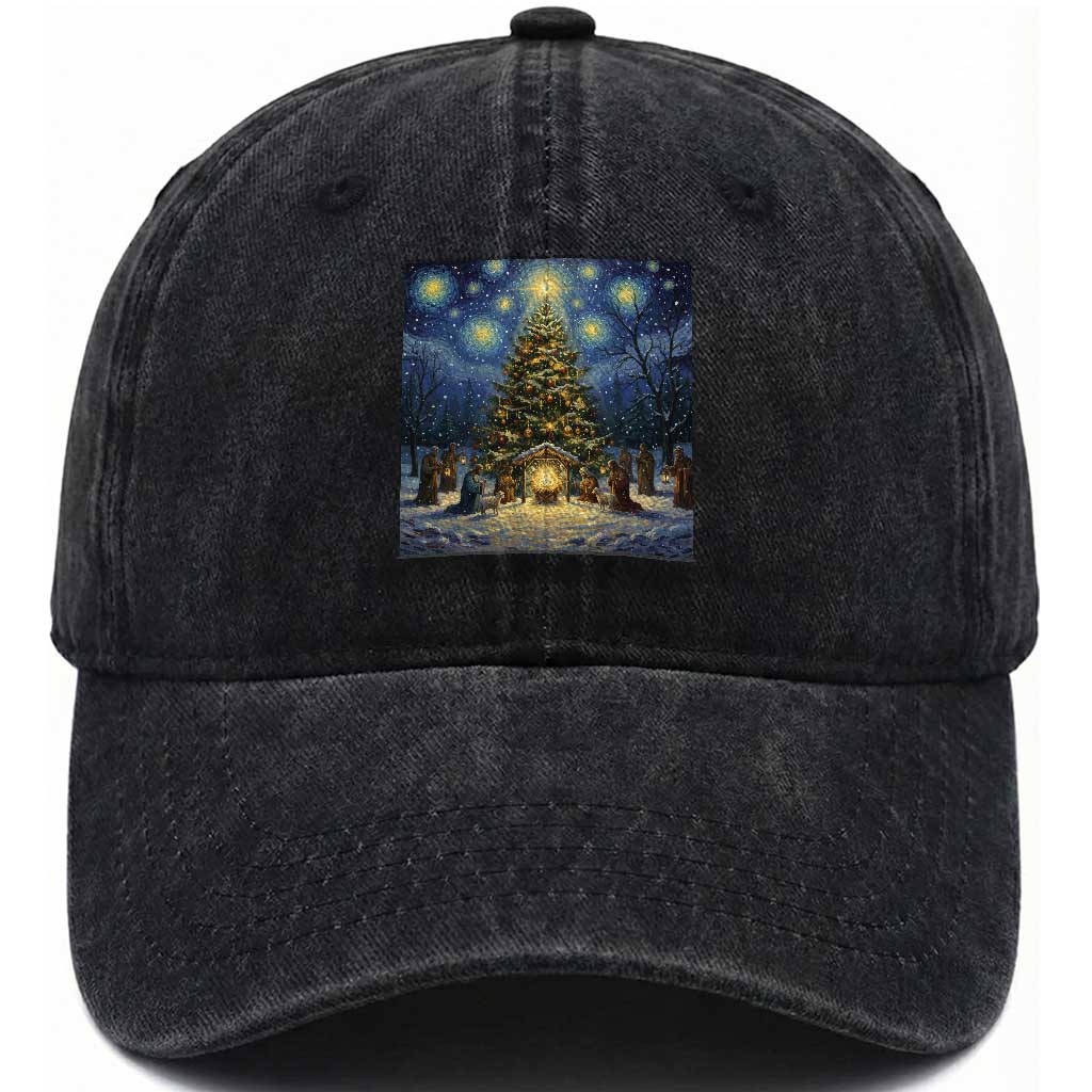 Nativity Scene Washed Cotton Baseball Cap Christmas Starry Night Christian Jesus Baby Jesus Holiday TS14 Washed Cap Universal Fit Black Print Your Wear