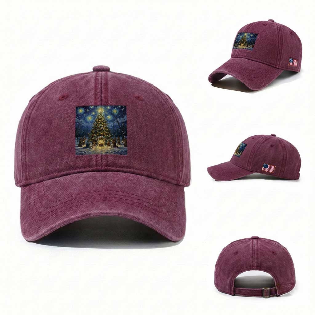 Nativity Scene Washed Cotton Baseball Cap Christmas Starry Night Christian Jesus Baby Jesus Holiday TS14 Washed Cap Universal Fit Burgundy Print Your Wear