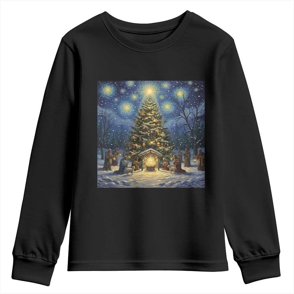 Nativity Scene Youth Sweatshirt Christmas Starry Night Christian Jesus Baby Jesus Holiday TS14 Black Print Your Wear