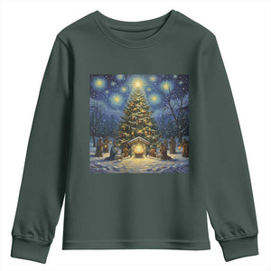 Nativity Scene Youth Sweatshirt Christmas Starry Night Christian Jesus Baby Jesus Holiday TS14 Dark Forest Green Print Your Wear