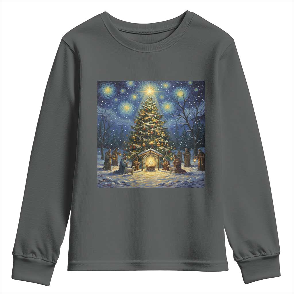 Nativity Scene Youth Sweatshirt Christmas Starry Night Christian Jesus Baby Jesus Holiday TS14 Dark Heather Print Your Wear