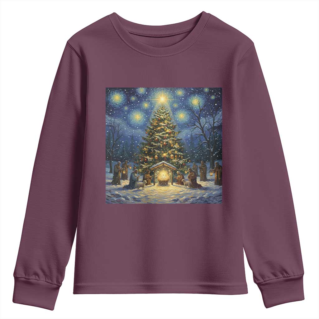 Nativity Scene Youth Sweatshirt Christmas Starry Night Christian Jesus Baby Jesus Holiday TS14 Maroon Print Your Wear
