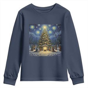 Nativity Scene Youth Sweatshirt Christmas Starry Night Christian Jesus Baby Jesus Holiday TS14 Navy Print Your Wear