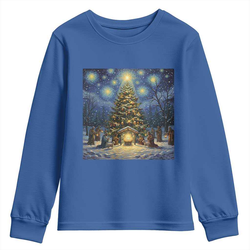 Nativity Scene Youth Sweatshirt Christmas Starry Night Christian Jesus Baby Jesus Holiday TS14 Royal Blue Print Your Wear