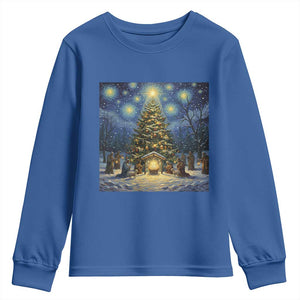 Nativity Scene Youth Sweatshirt Christmas Starry Night Christian Jesus Baby Jesus Holiday TS14 Royal Blue Print Your Wear