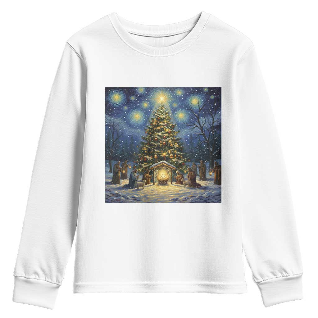 Nativity Scene Youth Sweatshirt Christmas Starry Night Christian Jesus Baby Jesus Holiday TS14 White Print Your Wear