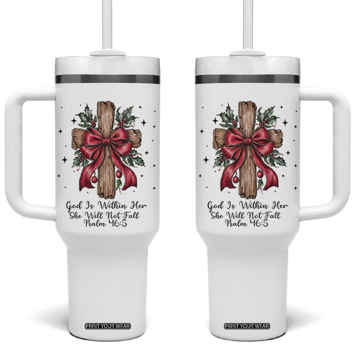Jesus Christian Tumbler With Handle Cross Bible Verse Inspirational Christmas TS14 One Size: 40 oz White Print Your Wear