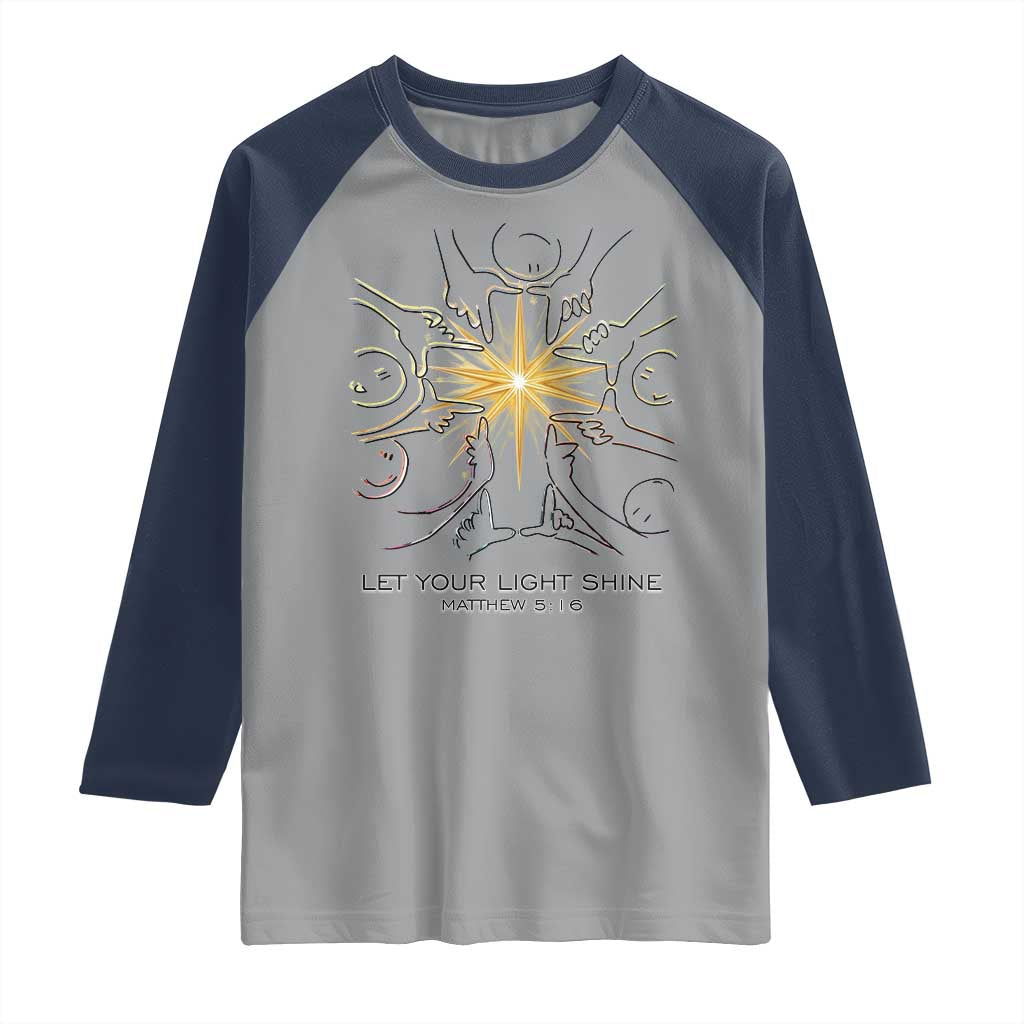 Jesus Christian Raglan Shirt Let Your Light Shine Matthew 5:16 TS14 Sport Gray Navy Print Your Wear